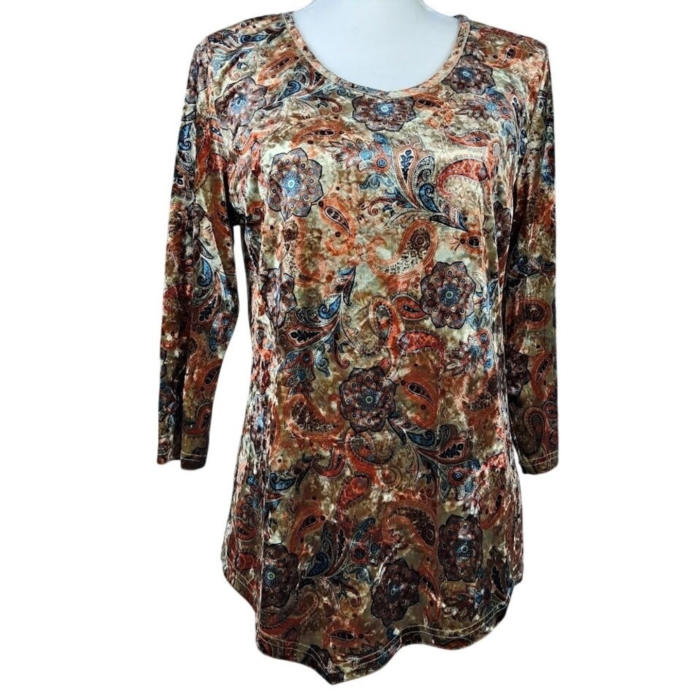 SERENGETI M Velvet Burnout Asymmetric Tunic Top Paisley Gold & Rust‎ Artsy Boho